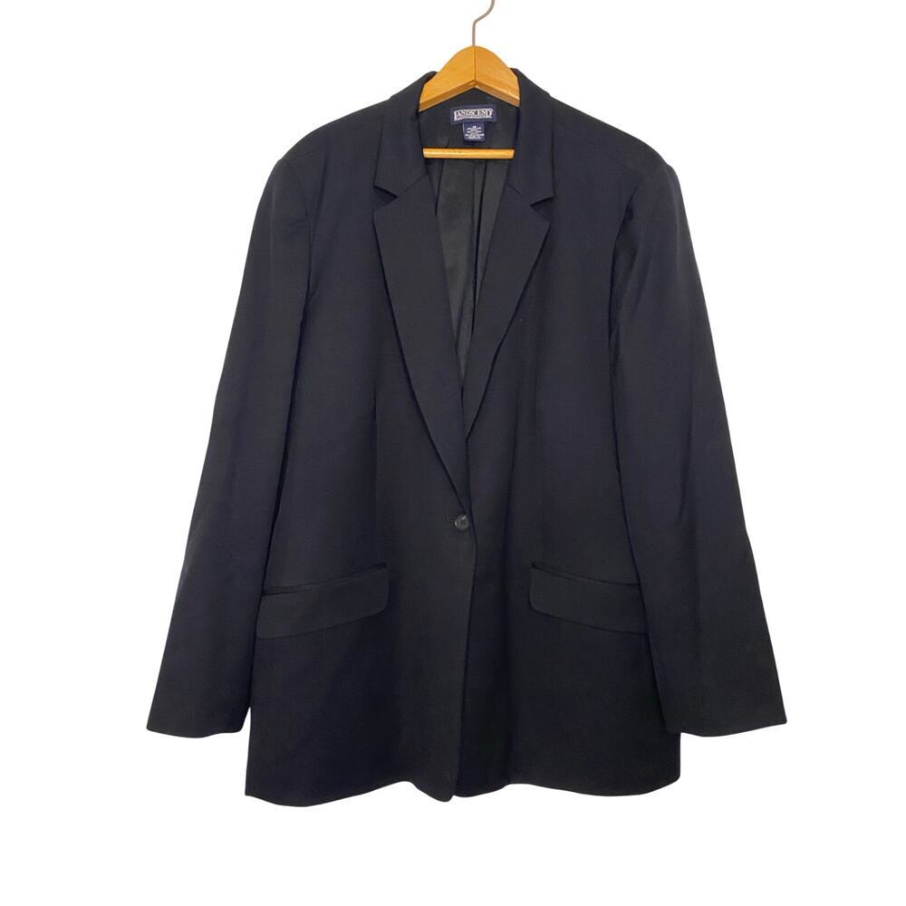 Lands End Womens Black Suit Blazer Jacket Wool Career Preppy Dark Academia 18